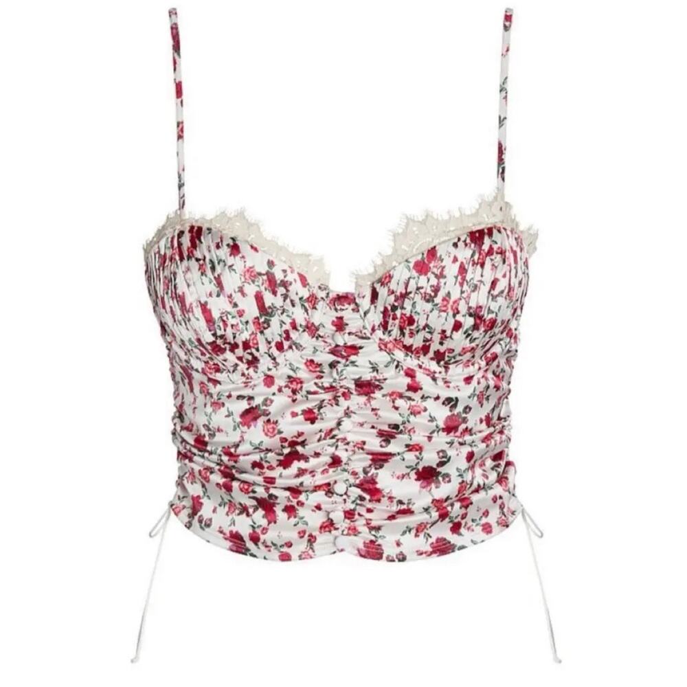 For Love & Lemons Melrose Bustier Crop Top Womens L Satin Lace Ivory Red Floral